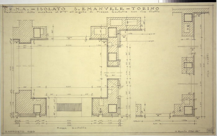 RECUPERO ISOLATO S. EMANUELE- PROGETTO A , particolari muratura angolo Via Viotti, Piazza Castello