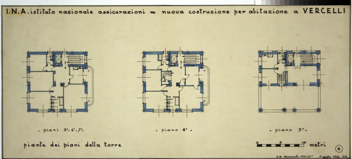 I.N.A. Istituto Nazionale Assicurazioni/nuova costruzione per abitazione a Vercelli, Piante dei Piani della Torre