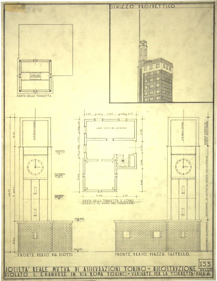 RICOSTRUZIONE DELL'ISOLATO DI S. EMANUELE - PROGETTO A , variante per la torretta, pianta, prospeti, schizzo prospettico