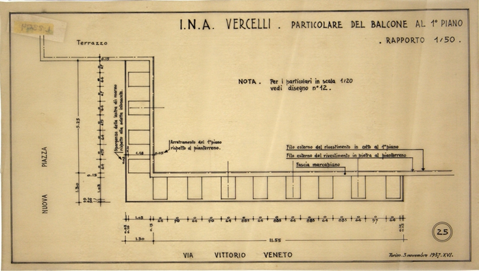 I.N.A. Istituto Nazionale Assicurazioni/nuova costruzione per abitazione a Vercelli, Particolare del Balcone al 1° Piano