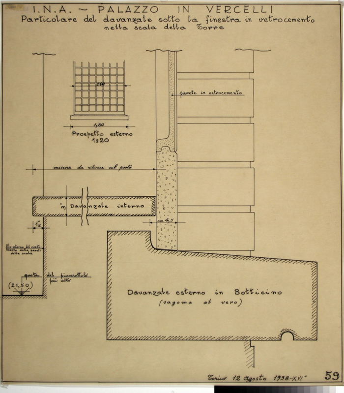 I.N.A. -Palazzo in Vercelli, Particolare del davanzale sotto la finestra in vetrocemento nella scala della torre
