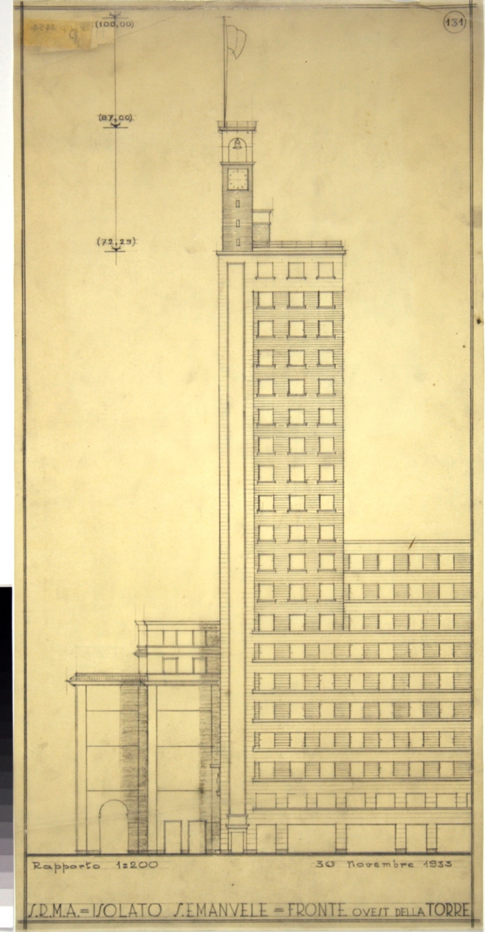 RICOSTRUZIONE DELL'ISOLATO DI S. EMANUELE - PROGETTO A , fronte ovest della torre