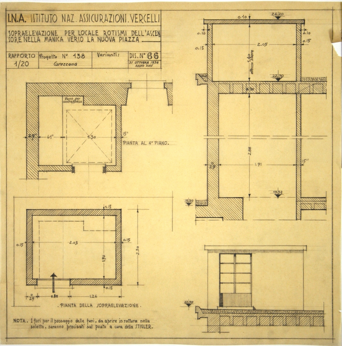 I.N.A. Istituto Naz. Assicurazioni Vercelli/Progetto n. 138, Sopraelevazione per locale rotismi dell' ascensore nella manica verso la Nuova Piazza