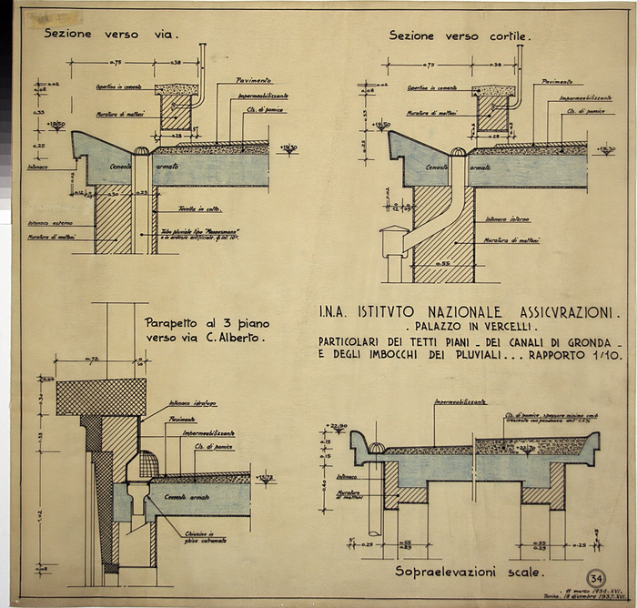 I.N.A. Istituto Nazionale Assicurazioni/nuova costruzione per abitazione a Vercelli, Particolari dei Tetti Piani, dei Canali di Gronda e degli imbocchi dei  Pluviali