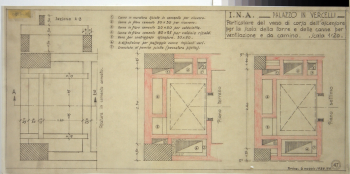 I.N.A. Palazzo in Vercelli, Particolare del vano di corsa dell' Ascensore per la scala della Torre e delle Canne per Venilazione e da Camino