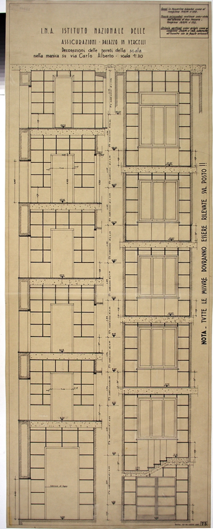 I.N.A. Istituto Nazionale delle / Assicurazioni Palazzo in Vercelli, Decorazioni delle pareti della scala nella manica su Via Carlo Alberto
