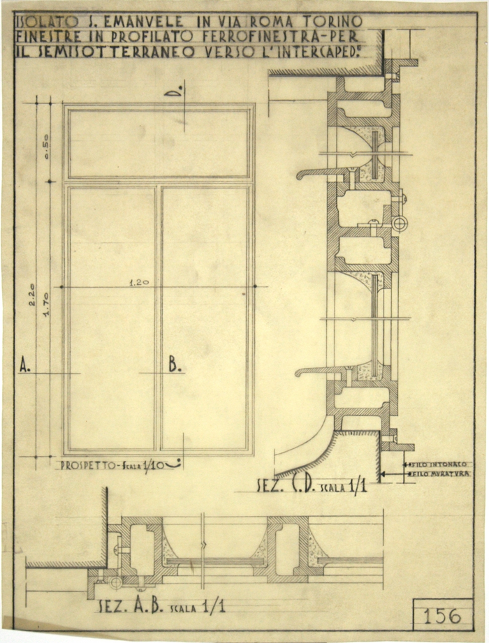 RICOSTRUZIONE DELL'ISOLATO DI S. EMANUELE - PROGETTO A , particolare profilato ferro finestra per seminterrato verso intercapedine