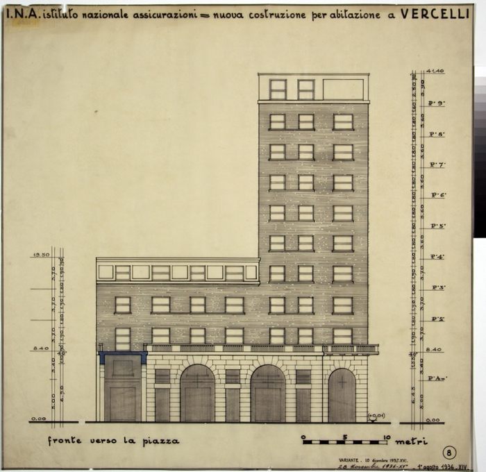 I.N.A. Istituto Nazionale Assicurazioni/nuova costruzione per abitazione a Vercelli, Fronte Verso la Piazza