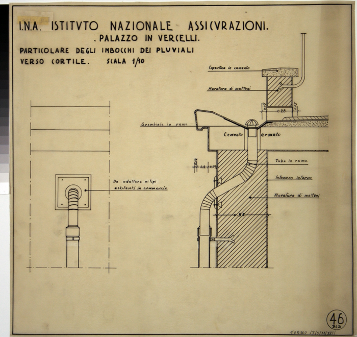 I.N.A. Istituto Nazionale delle Assicurazioni /Palazzo in Vercelli, Particolare degli imbocchi dei Pluviali verso cortile