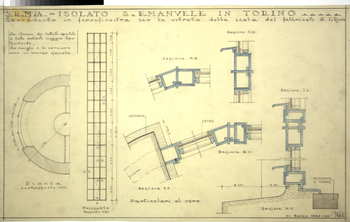 RICOSTRUZIONE DELL'ISOLATO DI S. EMANUELE - PROGETTO A , seramento in ferro, finestra per la vetrata della scala del fabbricato di Via Roma