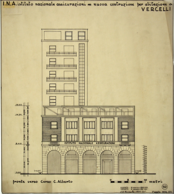 I.N.A. Istituto Nazionale Assicurazioni/nuova costruzione per abitazione a Vercelli, Fronte verso Corso C. Alberto