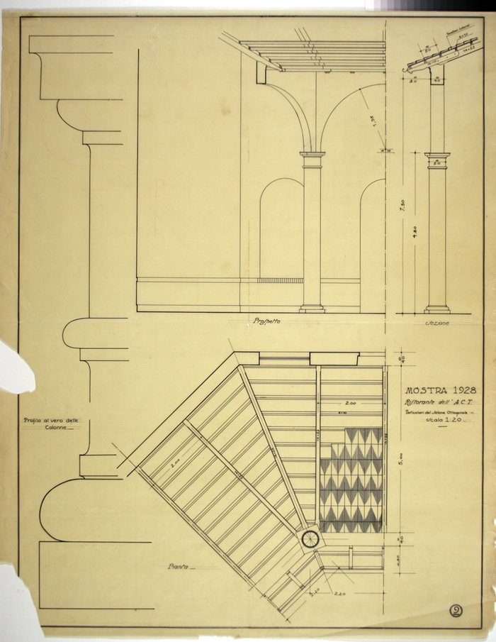 MOSTRA 1928/RISTORANTE DELL'A.C.T./Particolari del salone ottagonale, Prospetto, Sezione, Pianta, Profilo al vero delle colonne