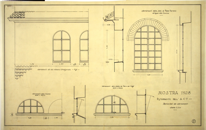 MOSTRA 1928/RISTORANTE DELL'A.C.T./Particolari dei serramenti, Serramenti Alti del Salone Ottagonale, Serramenti della Sala al Piano Terreno attigua alla cucina, Serramenti della Cucina, Serramenti delle Salette del Bar e del Caffè