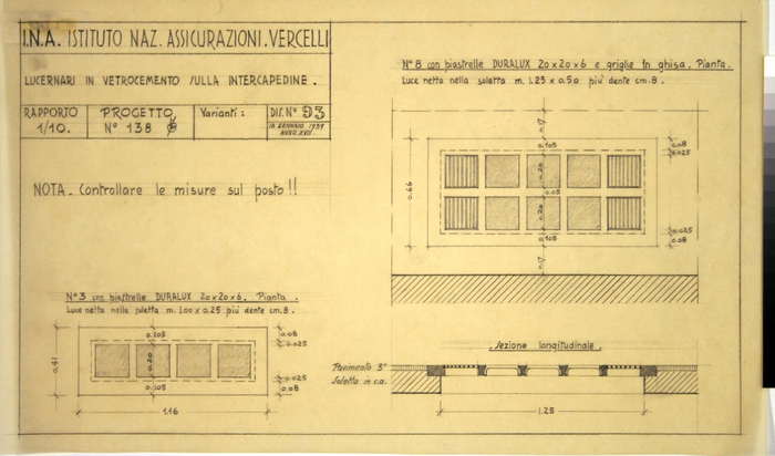 I.N.A. Istituto Naz. Assicurazioni Vercelli/Progetto n. 138, Lucernari in vetrocemento sulla intercapedine