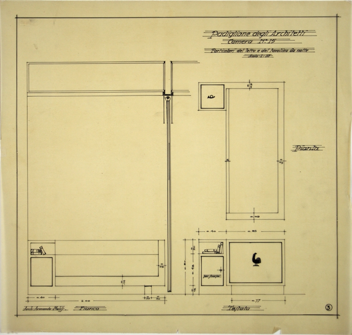 Padiglione Architetti/camera n. 15/particolari del letto e del tavolino da notte