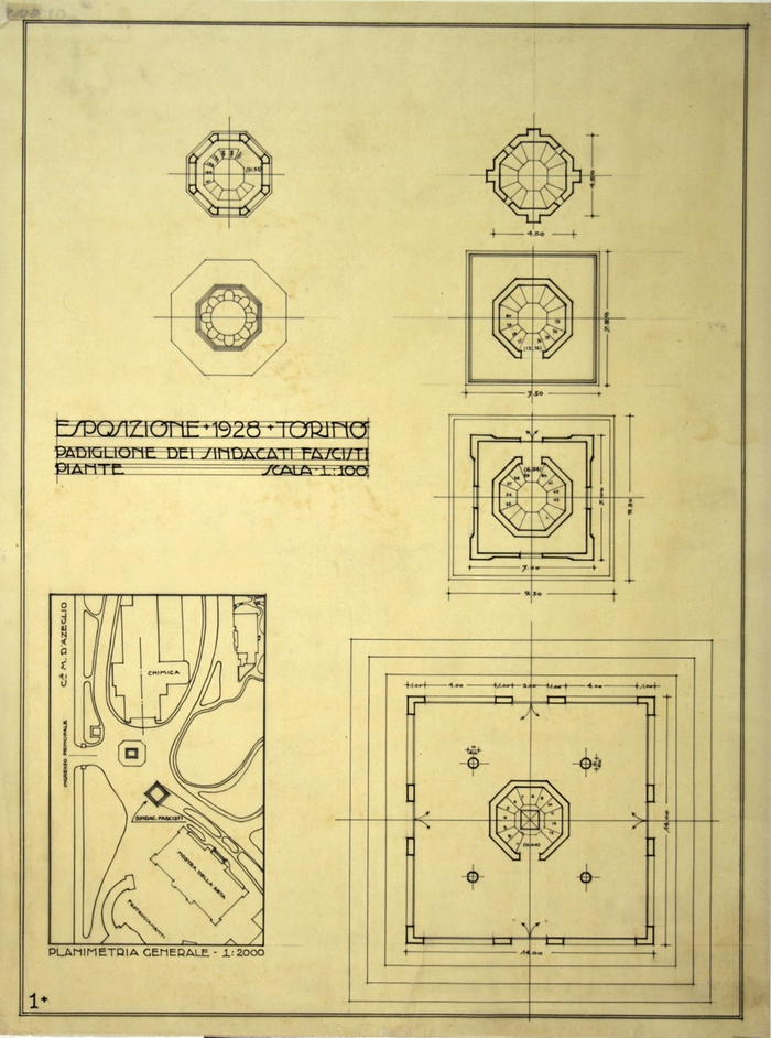 ESPOSIZIONE 1928 TORINO/PADIGLIONE DEI SINDACATI FASCISTI/PIANTE, Planimetria generale e piante