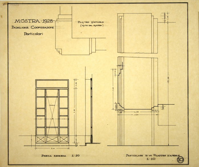 MOSTRA 1928/PADIGLIONE COOPERAZIONE/PARTICOLARI, Pilastro d'angolo e Porta esterna