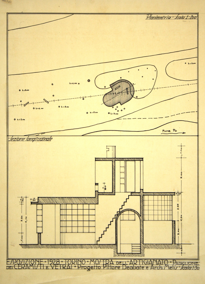 ESPOSIZIONE * 1928 * TORINO * MOSTRA DELL'ARTIGIANATO * PADIGLIONE/DEI CERAMISTI E VETRAI * progetto pittore Deabate e architetto Melis, Planimetria e Sezione longitudinale