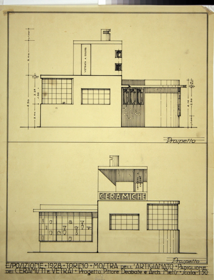 ESPOSIZIONE * 1928 * TORINO * MOSTRA DELL'ARTIGIANATO * PADIGLIONE/DEI CERAMISTI E VETRAI * progetto pittore Deabate e architetto Melis, Prospetti