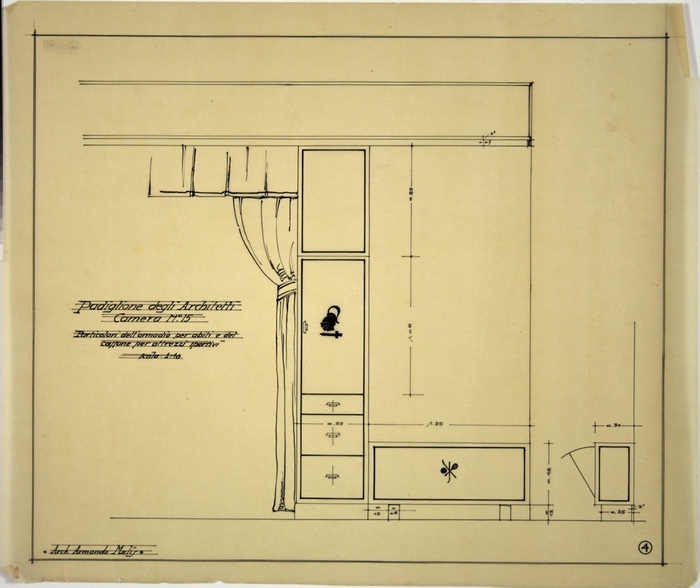 Padiglione Architetti/camera n. 15/particolari dell'armadio per abiti e del cassone per attrezzi sportivi