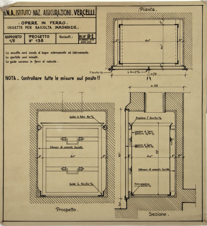 I.N.A. Istituto Naz. Assicurazioni Vercelli/Progetto n. 138, Opere in ferro, cassette per raccolta immondizie