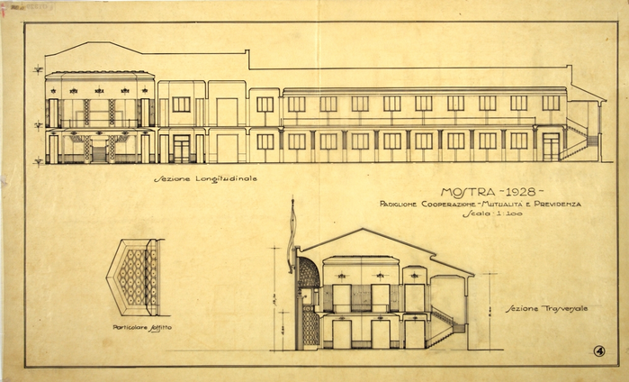 MOSTRA 1928/PADIGLIONE COOPERAZIONE - MUTUALITA' E PREVIDENZA, Sezione Longitudinale, Sezione Trasversale e Particolare Soffitto