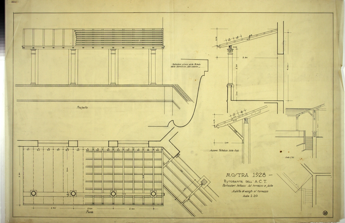 MOSTRA 1928/RISTORANTE DELL'A.C.T./Particolari tettucci sul terrazzo e sulla/scaletta di accesso al terrazzo, Prospetto, Pianta, Sezione, Particolare al vero