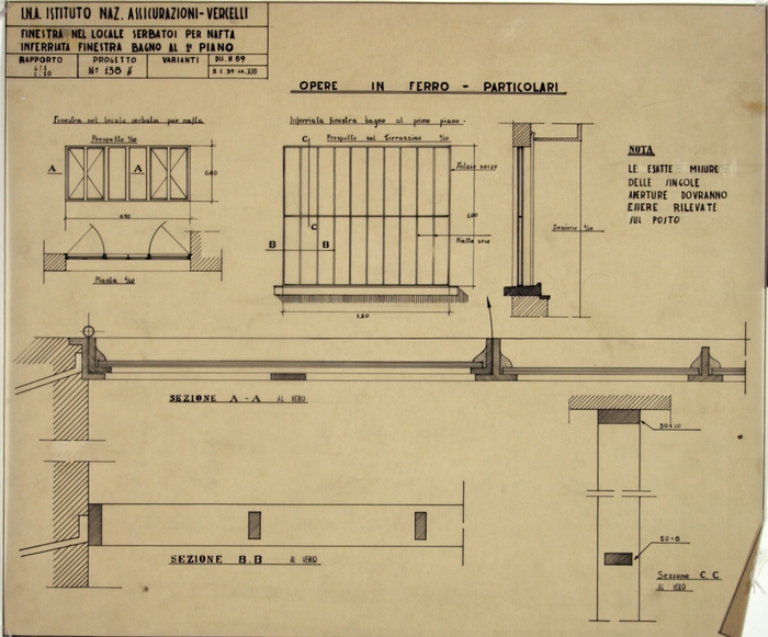 I.N.A. Istituto Naz. Assicurazioni Vercelli/Progetto n. 138, Finestra nel locale serbatoi per nafta, inferriata finestra bagno al 1° piano