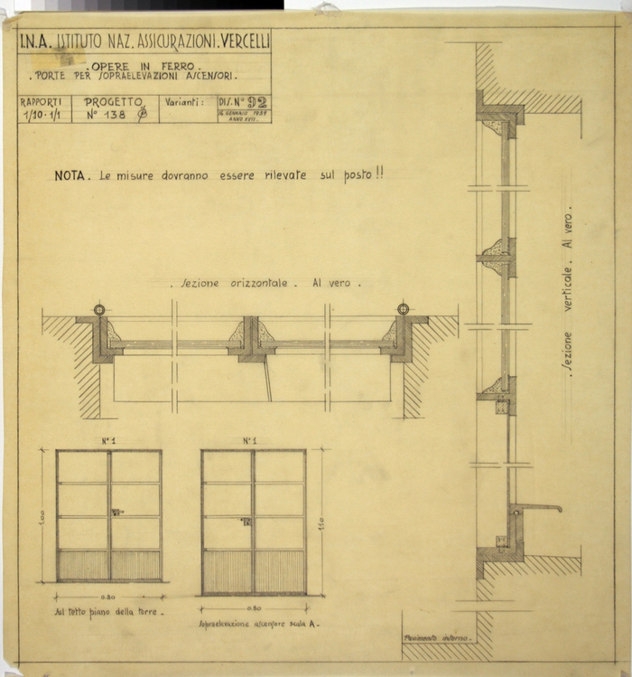 I.N.A. Istituto Naz. Assicurazioni Vercelli/Progetto n. 138, Opere in ferro, porte per sopraelevazione ascensori