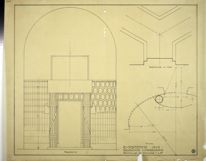 ESPOSIZIONE 1928/PADIGLIONE DELLA COOPERAZIONE/PARTICOLARE DEL NICCHIONE, Pianta, Prospetto e Particolare al vero