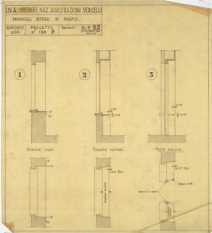 I.N.A. Istituto Naz. Assicurazioni Vercelli/Progetto n. 138, Davanzali interni in marmo