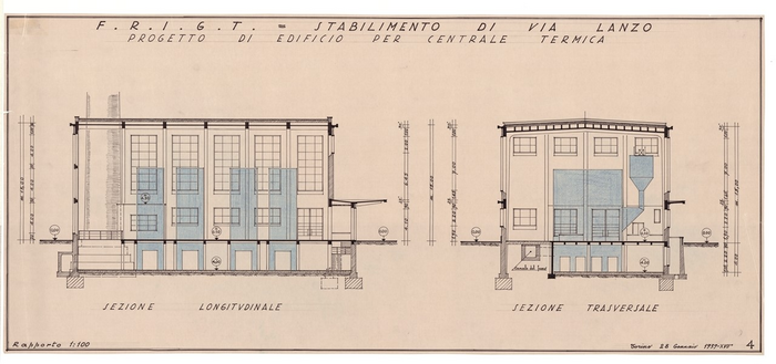 F.R.I.G.T. = STABILIMENTO DI VIA LANZO, Progetto di edificio per centrale termica, Sezione Longitudinare e Sezione Trasversale