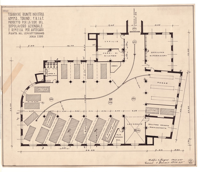 ABBRICHE RIUNITE INDUSTRIE/GOMMA TORINO - F.R.I.G.T./PROGETTO PER LA SEDE DEL/DOPOLAVORO AZIENDALE E/RIMESSA PER AUTOCARRI, Pianta del Semisotterraneo