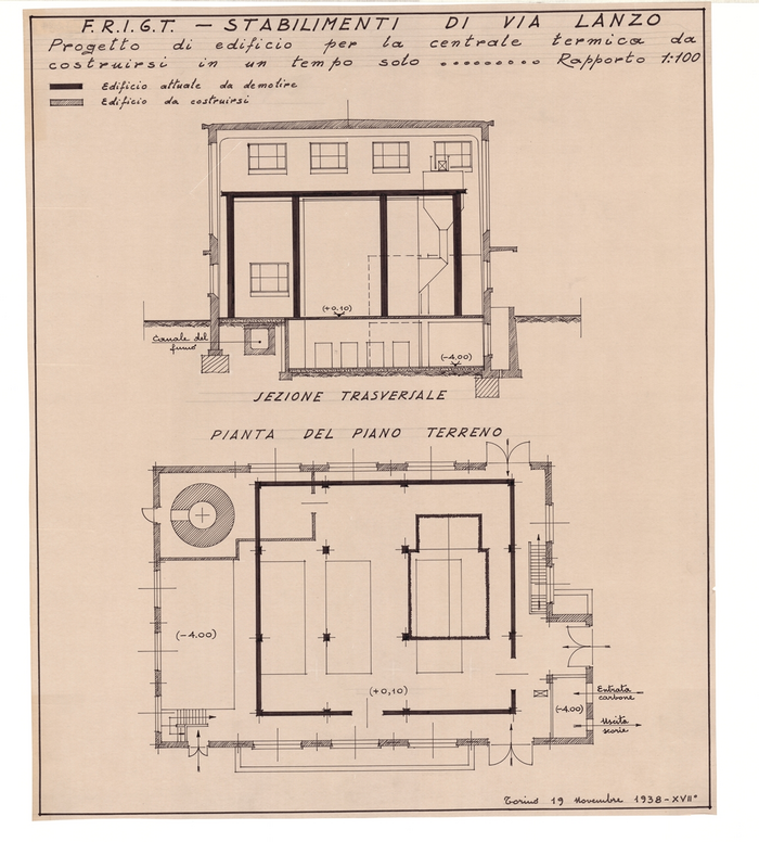 F.R.I.G.T. - STABILIMENTI DI VIA LANZO, Sezione trasversale e Pianta del Piano Terreno