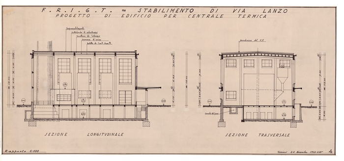 F.R.I.G.T. - STABILIMENTI DI VIA LANZO, Progetto di edificio per centrale termica, Sezioni longitudinale e trasversale