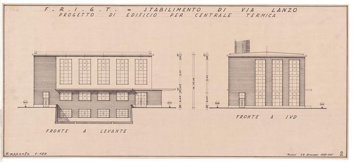 F.R.I.G.T. = STABILIMENTO DI VIA LANZO, Progetto di edificio per centrale termica, Fronte a Levante e Fronte a Sud