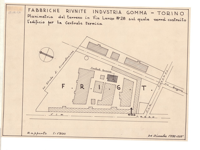 FABBRICHE RIUNITE INDUSTRIE GOMMA - TORINO, Planimetria del terreno in via Lanzo n° 28 sul quale verrà costruito l'edificio per la centrale termica