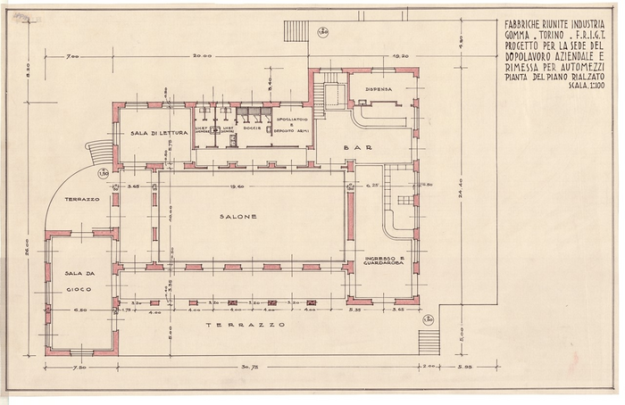 FABBRICHE RIUNITE INDUSTRIE/GOMMA TORINO - F.R.I.G.T./PROGETTO PER LA SEDE DEL/DOPOLAVORO AZIENDALE E/RIMESSA PER AUTOMEZZI, Pianta del Piano Rialzato