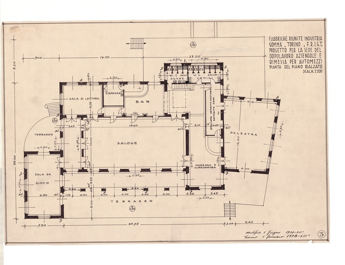 FABBRICHE RIUNITE INDUSTRIE/GOMMA TORINO - F.R.I.G.T./PROGETTO PER LA SEDE DEL/DOPOLAVORO AZIENDALE E/RIMESSA PER AUTOMEZZI, Pianta del Piano Rialzato