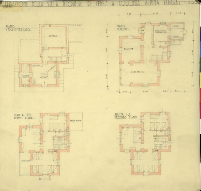 SISTEMAZIONE DELLA VILLA BROGLIA DI CERES A COLONIA ALPINA, Piante piano seminterrato, piano terreno, primo piano, secondo piano