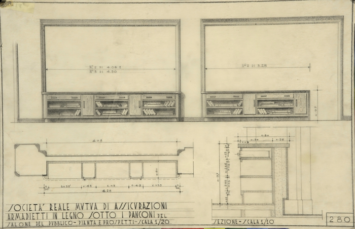 SOCIETA' REALE MUTUA DI ASSICURAZIONI, Armadietti in legno sotto i panconi del Salone del Pubblico, Pianta, Prospetti e Sezione
