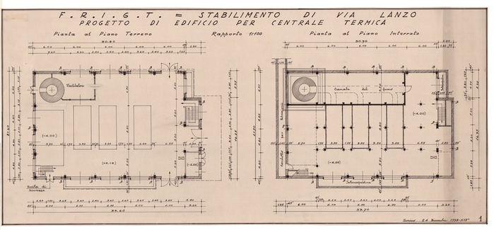 F.R.I.G.T. - STABILIMENTI DI VIA LANZO, Progetto di edificio per centrale termica, Pianta al piano terreno e al piano interrato