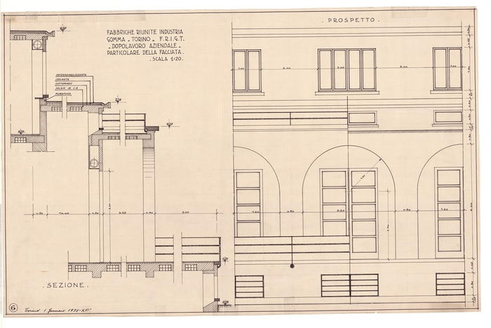 FABBRICHE RIUNITE INDUSTRIE/GOMMA TORINO - F.R.I.G.T./DOPOLAVORO AZIENDALE, Particolare della facciata, Sezione e Prospetto