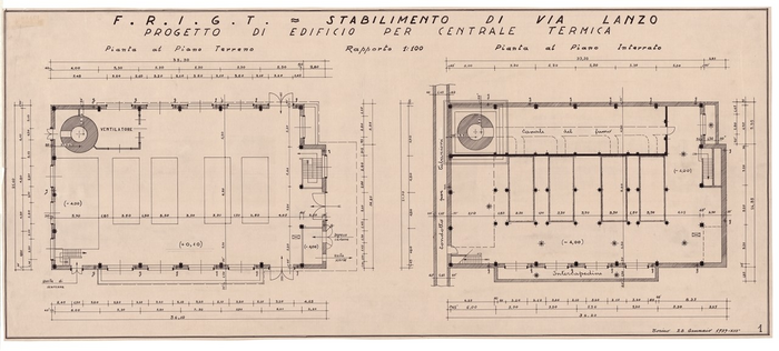 F.R.I.G.T. = STABILIMENTO DI VIA LANZO, Progetto di edificio per centrale termica, Pianta del Piano Terreno e del piano interrato