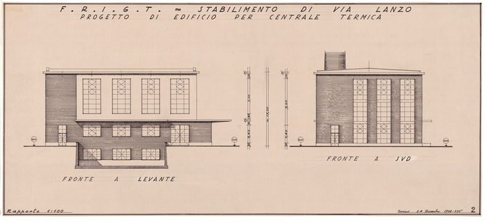 F.R.I.G.T. - STABILIMENTI DI VIA LANZO, Progetto di edificio per centrale termica, Fronti a levante e a Sud