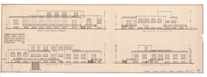FABBRICHE RIUNITE INDUSTRIE/GOMMA TORINO - F.R.I.G.T./PROGETTO PER LA SEDE DEL/DOPOLAVORO AZIENDALE E/AUTORIMESSA, Prospetto a giorno (verso la Via Verolengo), Prospetto a notte, Prospetto a levante, Prospetto a ponente