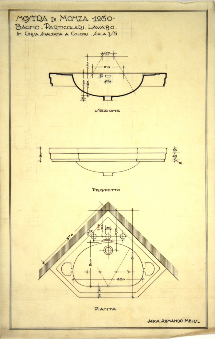 MOSTRA DI MONZA 1930/BAGNO - PARTICOLARI- LAVABO/IN GHISA SMALTATA A COLORI, Sezione, Prospetto e Pianta