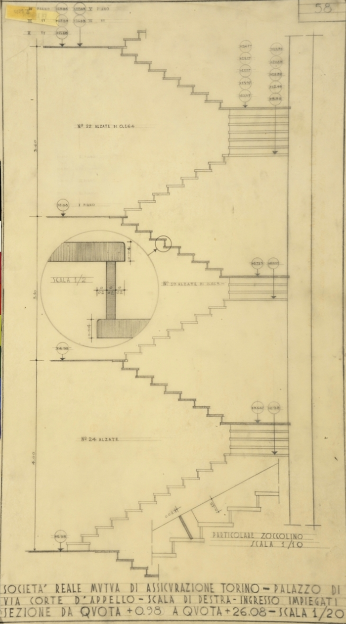 SOCIETA' REALE MUTUA DI ASSICURAZIONI TORINO - PALAZZO DI VIA CORTE D'APPELLO - SCALA DI DESTRA - INGRESSO IMPIEGATI, Sezione da quota +0.98 a quota +26.08