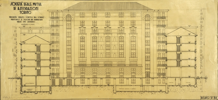 SOCIETA' REALE MUTUA/DI ASSICURAZIONI/TORINO, Facciata verso cortile del corpo principale e Sezioni dei fabbricati delle vie laterali
