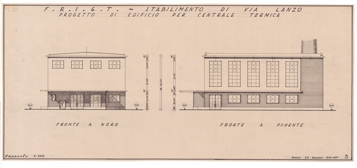 F.R.I.G.T. = STABILIMENTO DI VIA LANZO, Progetto di edificio per centrale termica, Fronte a Nord e Fronte a Ponente